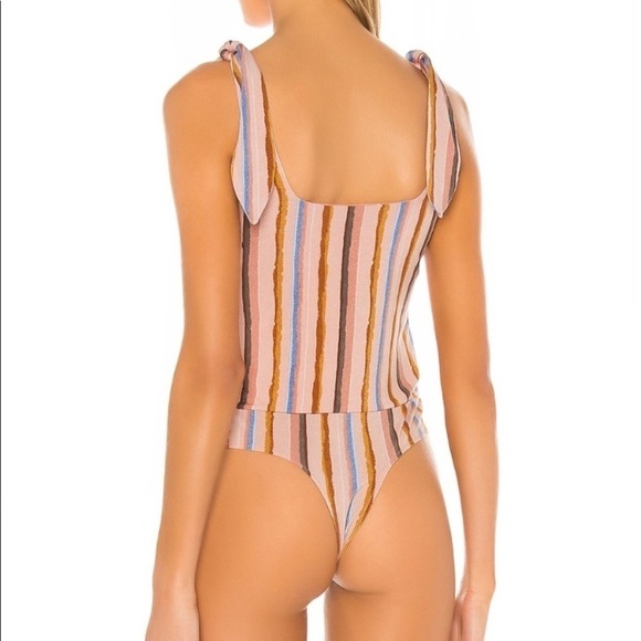 NWT BCBGeneration Revolve Multi Color Striped Tie Shoulder Thong Bodysuit - Picture 3 of 10